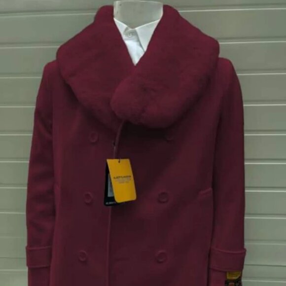 Mens Pea coats With Fur Collar - Wool Dark Burgundy Peacoats